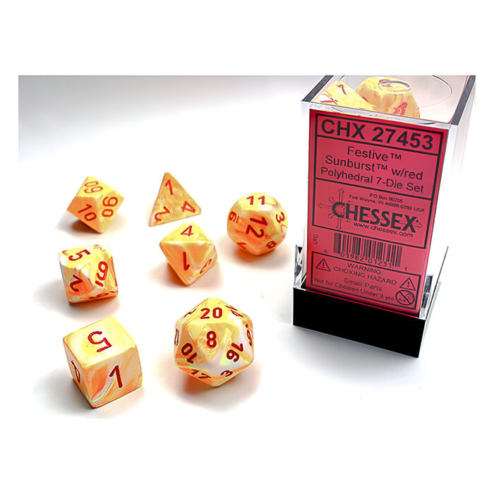 Chessex – Festive Polyhedral 7 Dice Set – Sunburst w/Red