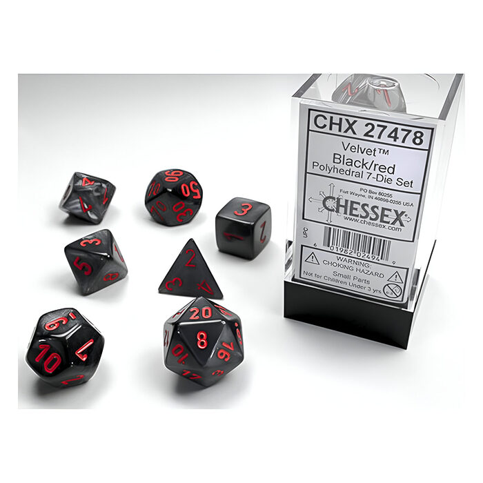 Chessex – Velvet Polyhedral 7 Dice Set – Black w/Red