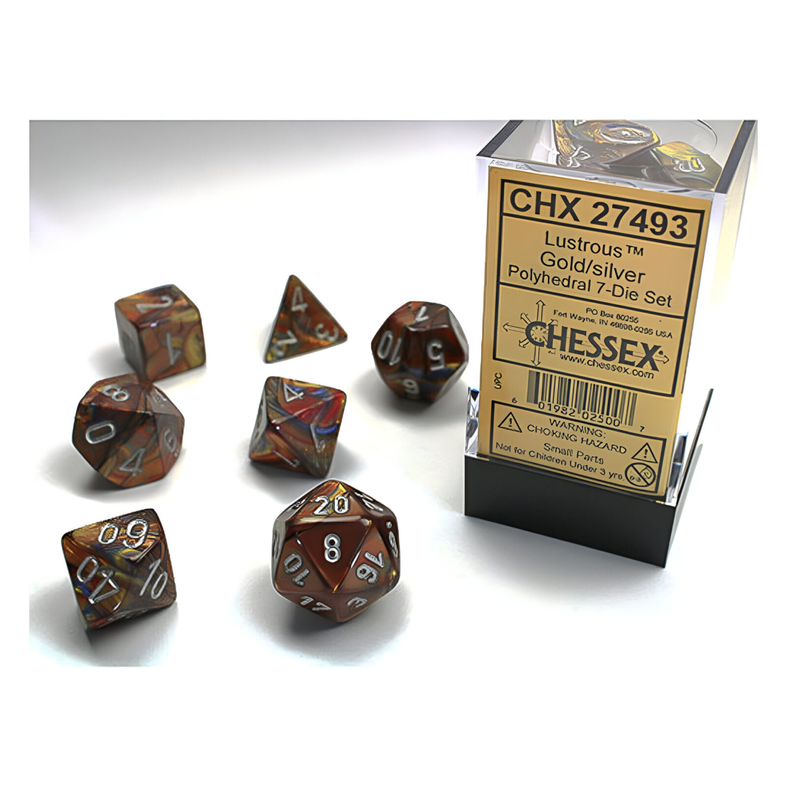 Chessex – Lustrous Polyhedral 7 Dice Set – Gold w/Silver