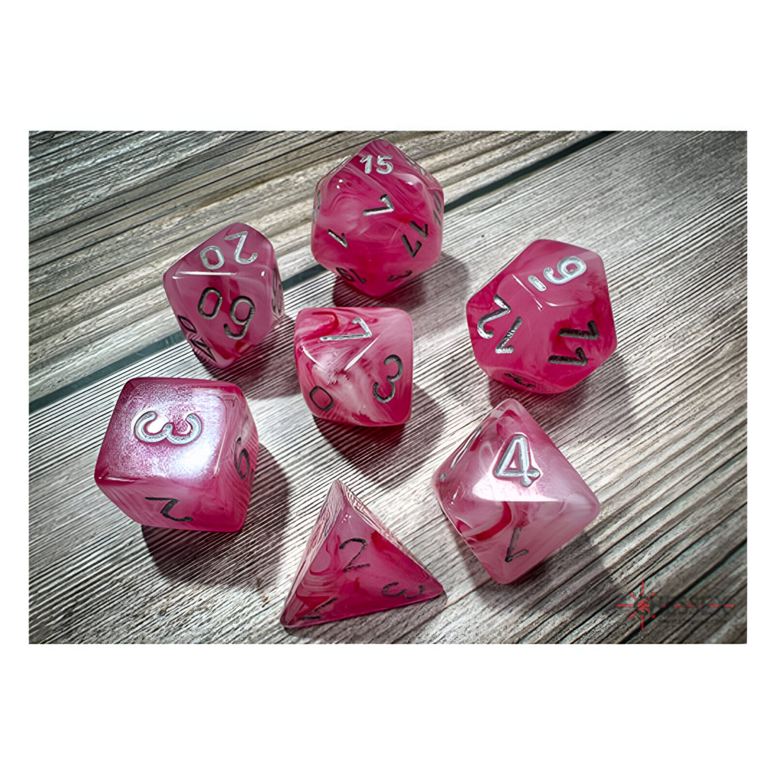 Chessex – Ghostly Polyhedral 7 Dice Set – Glow Pink & Silver