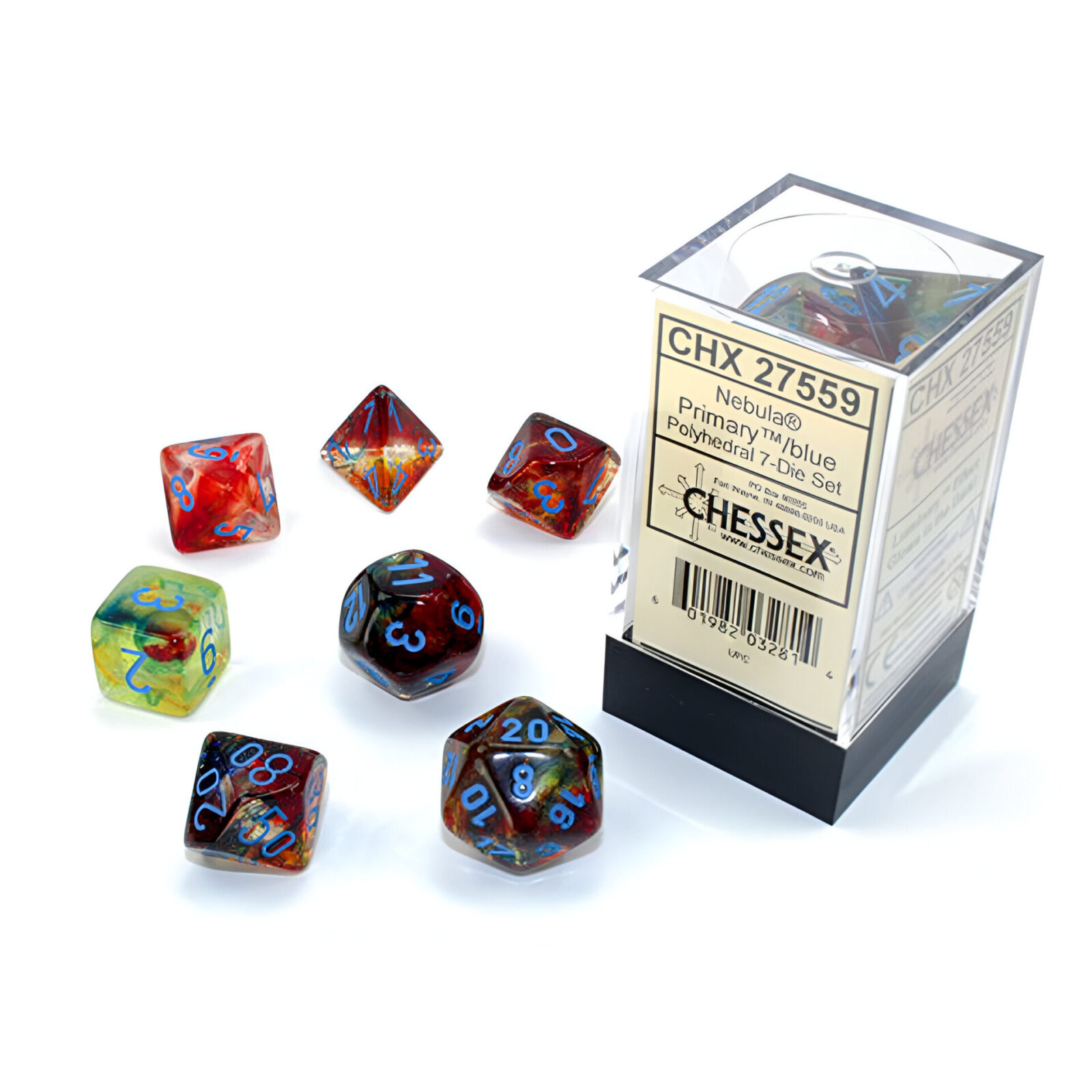 Chessex – Nebula Polyhedral 7 Dice Set – Luminary Primary Blue