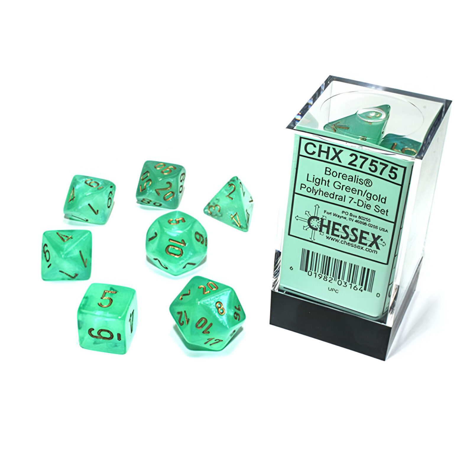 Chessex – Borealis Polyhedral 7 Dice Set – Luminary Light Green & Gold