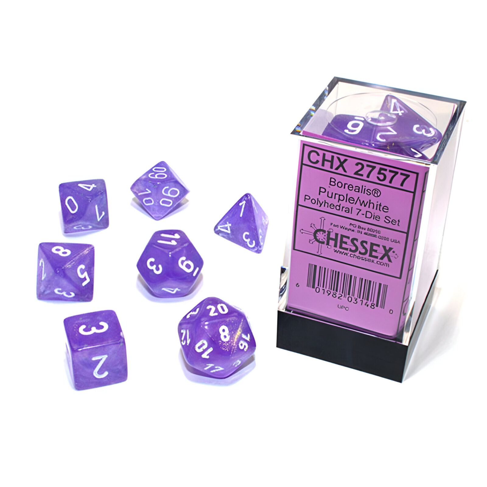 Chessex – Borealis Polyhedral 7 Dice Set – Luminary Purple & White