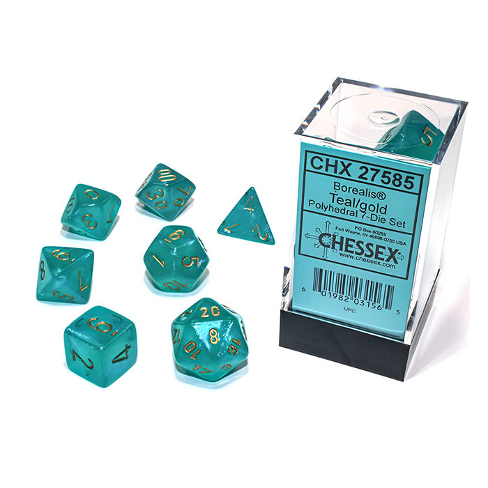 Chessex – Borealis Polyhedral 7 Dice Set – Luminary Teal & Gold