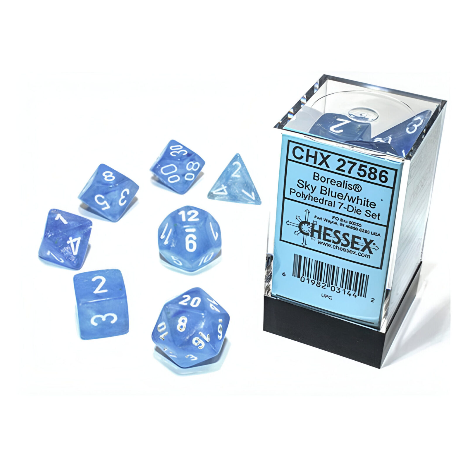 Chessex – Borealis Polyhedral 7 Dice Set – Sky Blue & White