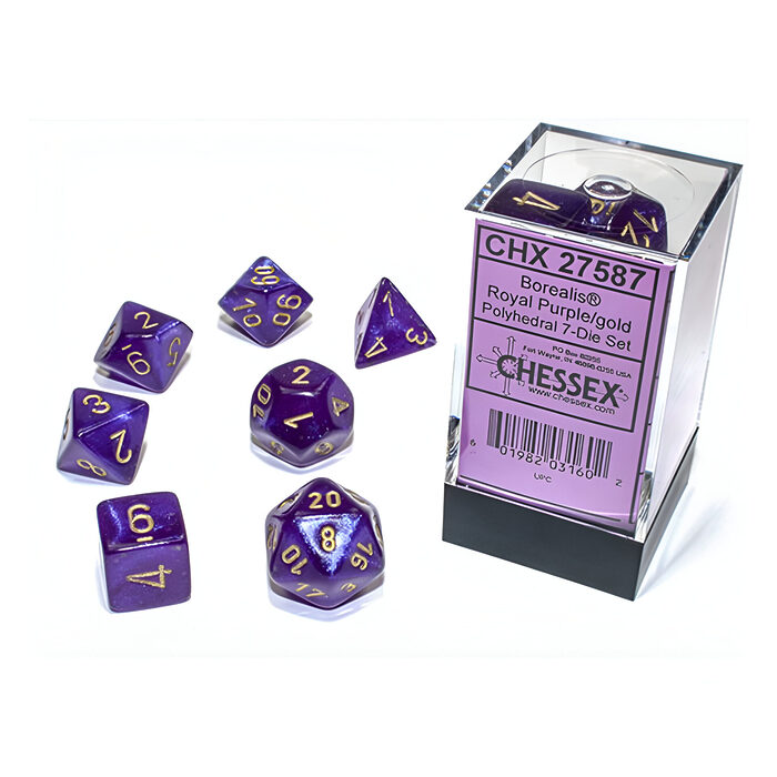 Chessex – Borealis Polyhedral 7 Dice Set – Luminary Royal Purple & Gold