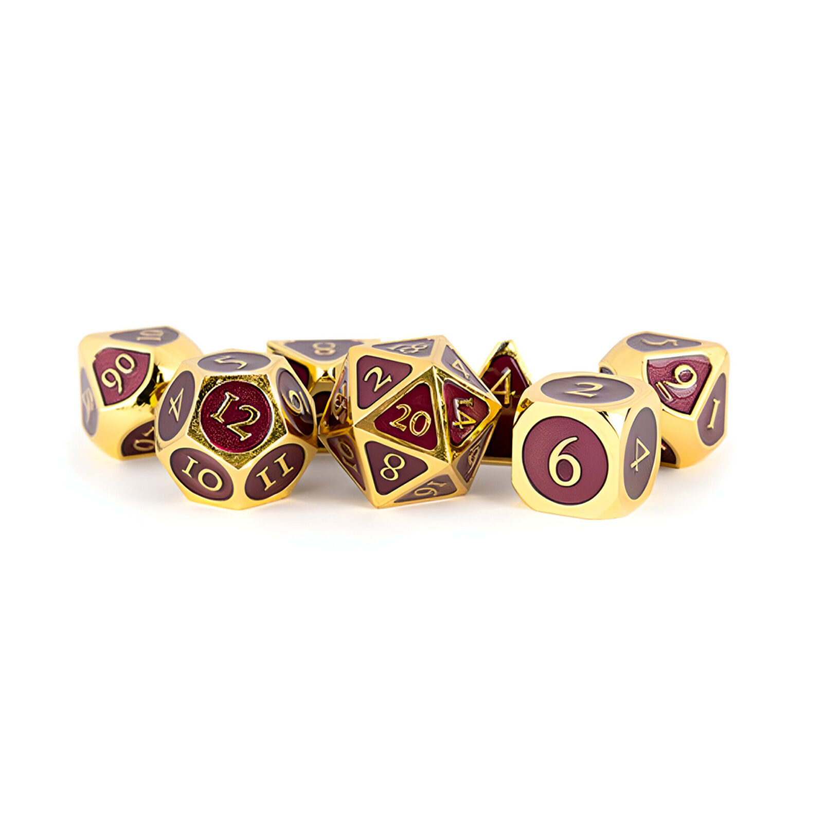 Fanroll – 16mm Metal Polyhedral Dice Set: Gold w/ Purple Enamel