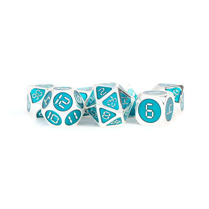 Fanroll – 16mm Metal Polyhedral Dice Set: Silver w/ Teal Enamel