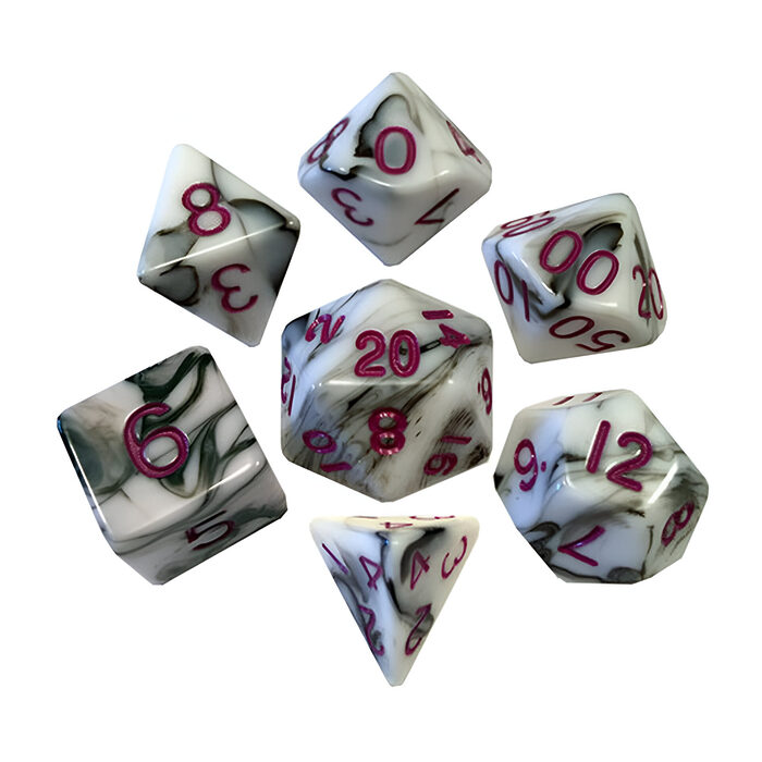 Fanroll – 16mm Acrylic Polyhedral Dice Set: Marble w/ Purple Numbers