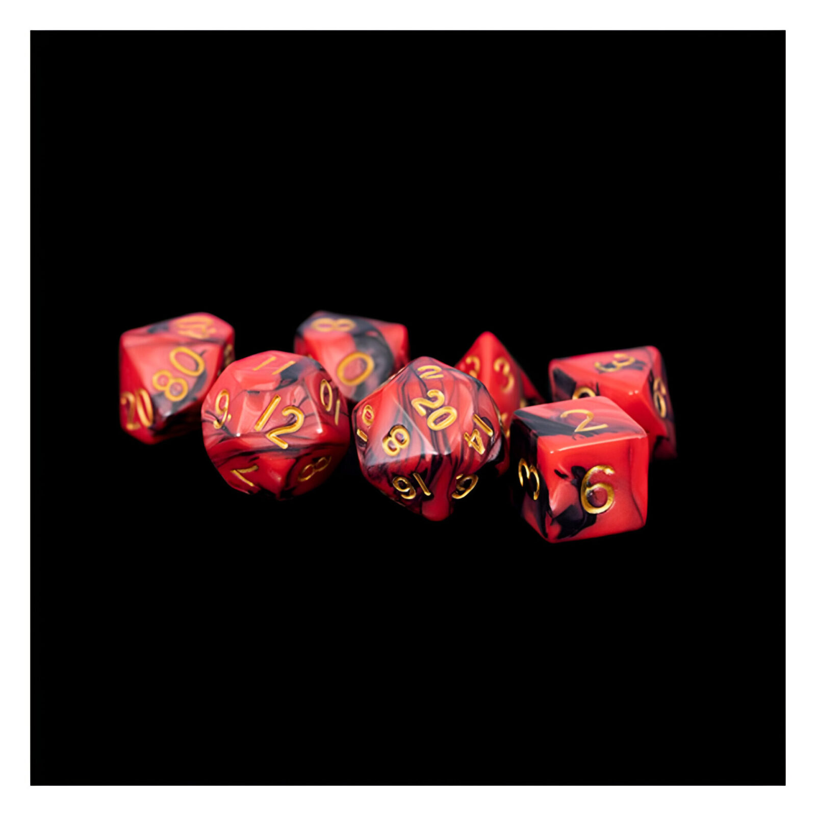 Fanroll – 16mm Acrylic Polyhedral Dice Set: Red/Black w/ Gold Numbers