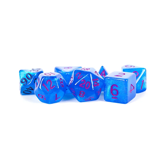 Fanroll – 16mm Acrylic Polyhedral Dice Set: Stardust Blue w/ Purple Numbers 3