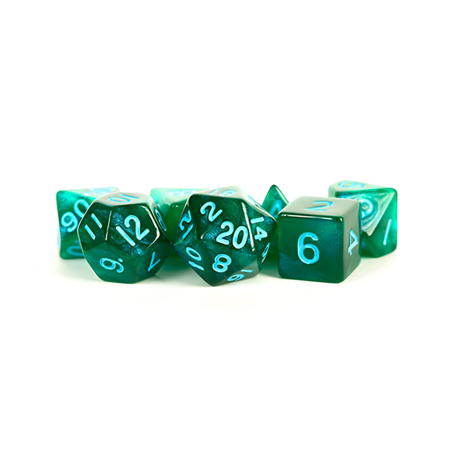 Fanroll – 16mm Acrylic Polyhedral Dice Set: Stardust Green w/ Blue Numbers