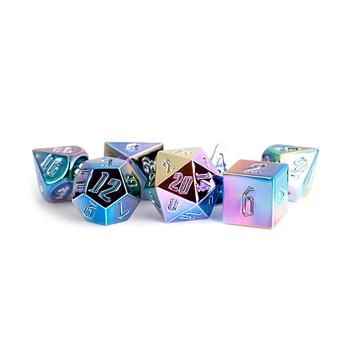 Fanroll – 16mm Aluminium Plated Acrylic Poly Dice Set: Rainbow Aegis Uninked