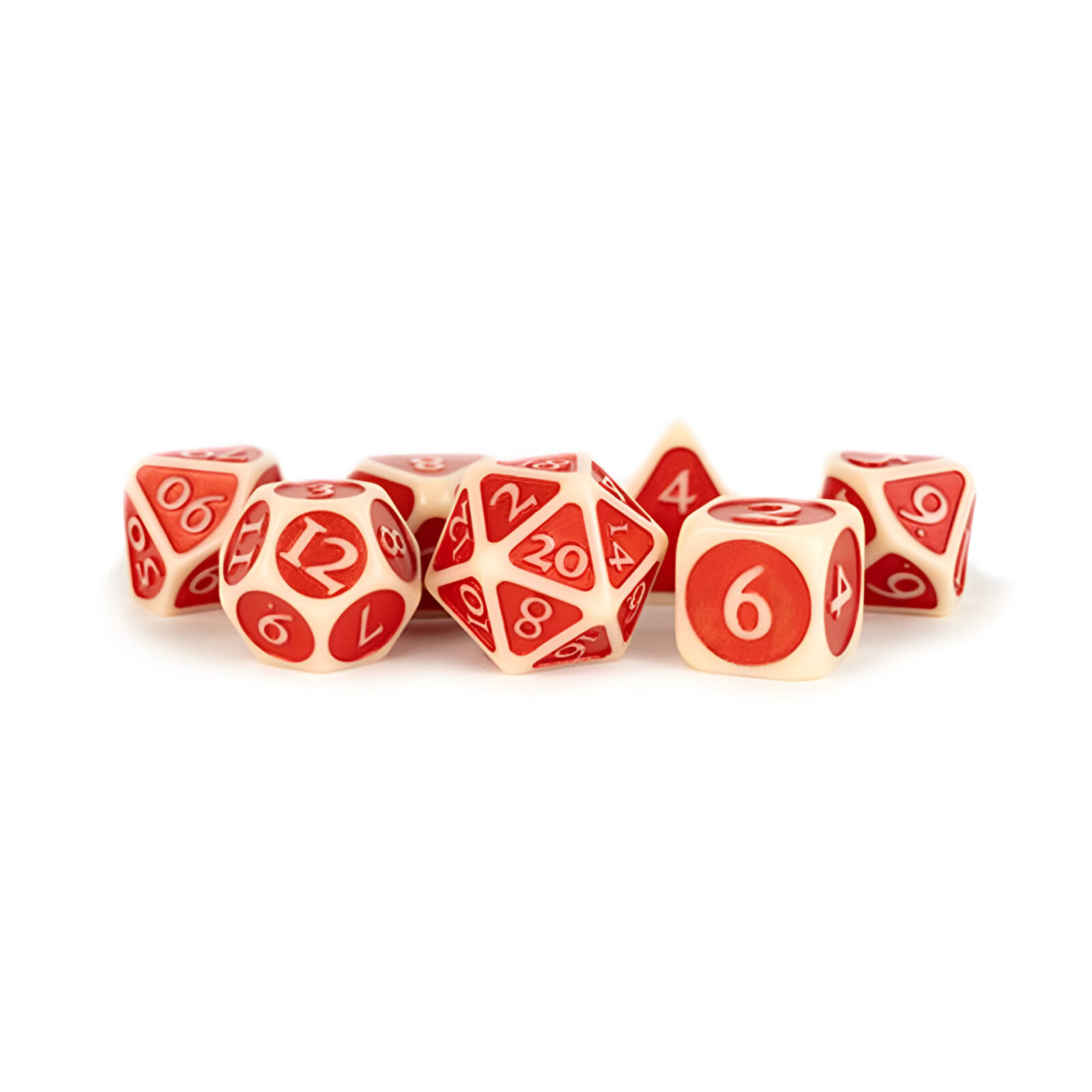 Fanroll – 16mm Enamel Acrylic Poly Dice Set: Ivory w/ Red Enamel