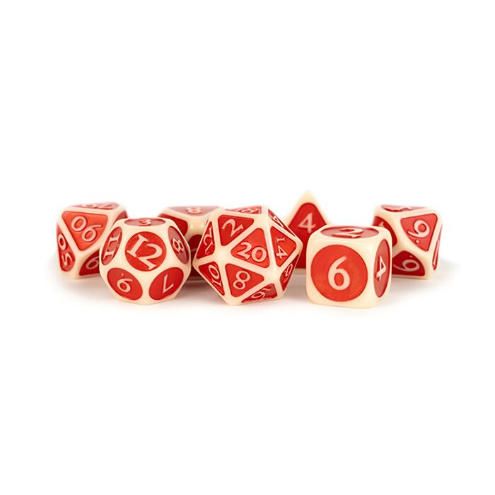 Fanroll – 16mm Enamel Acrylic Poly Dice Set: Ivory w/ Red Enamel