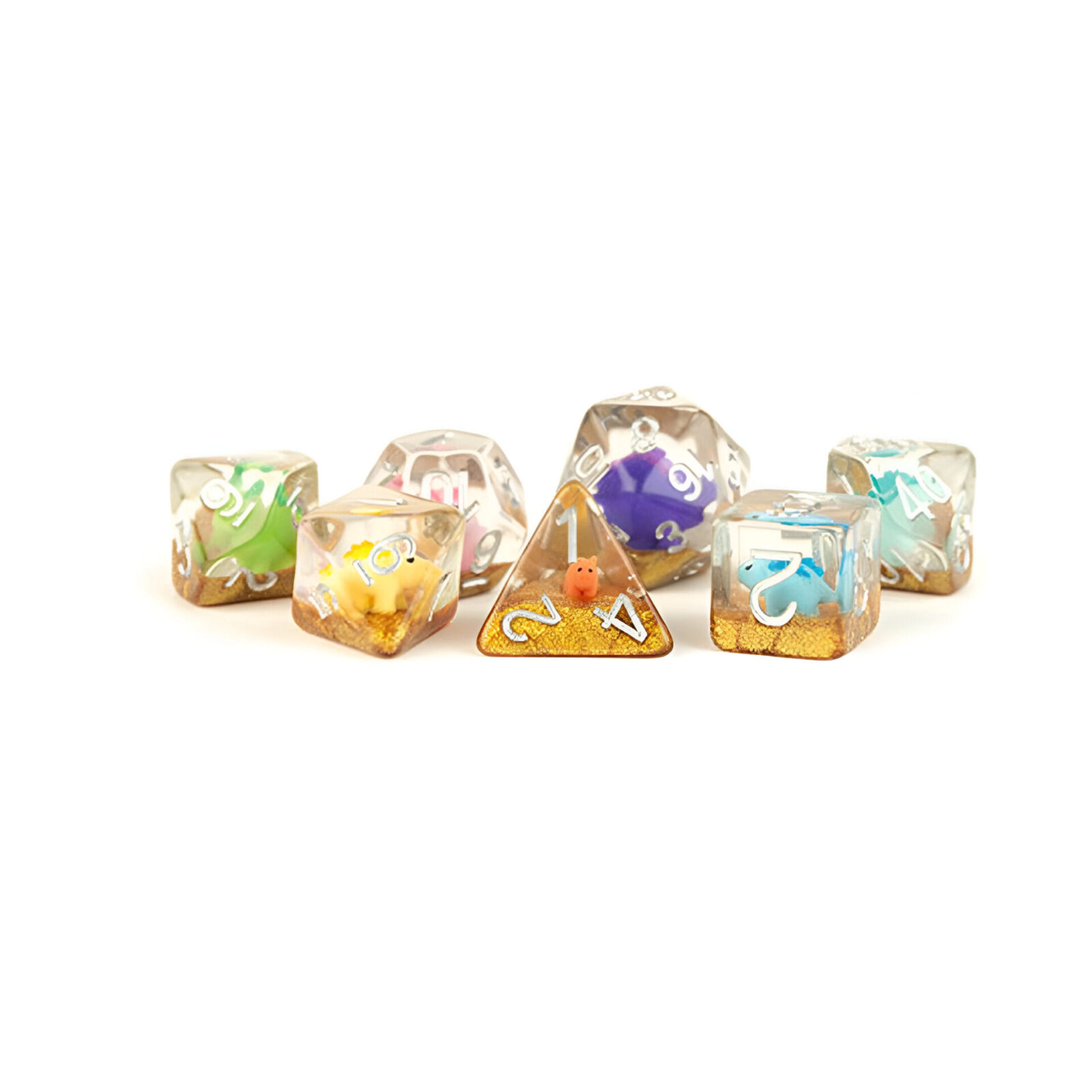 Fanroll – 16mm Resin Poly Dice Set: Rainbow Dinosaur Dice