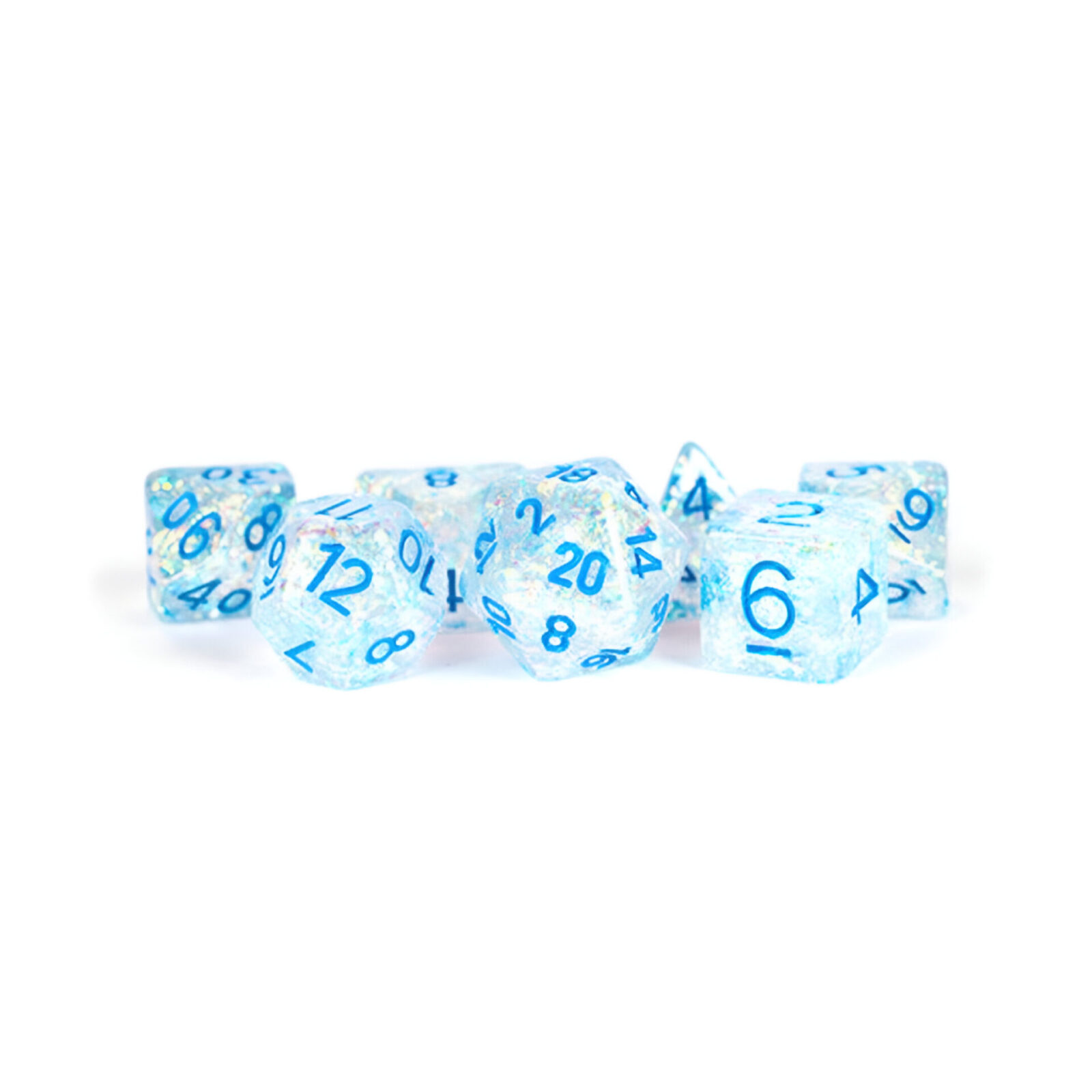 Fanroll – 16mm Resin Polyhedral Dice Set: Flash Clear w/ Light Blue Numbers