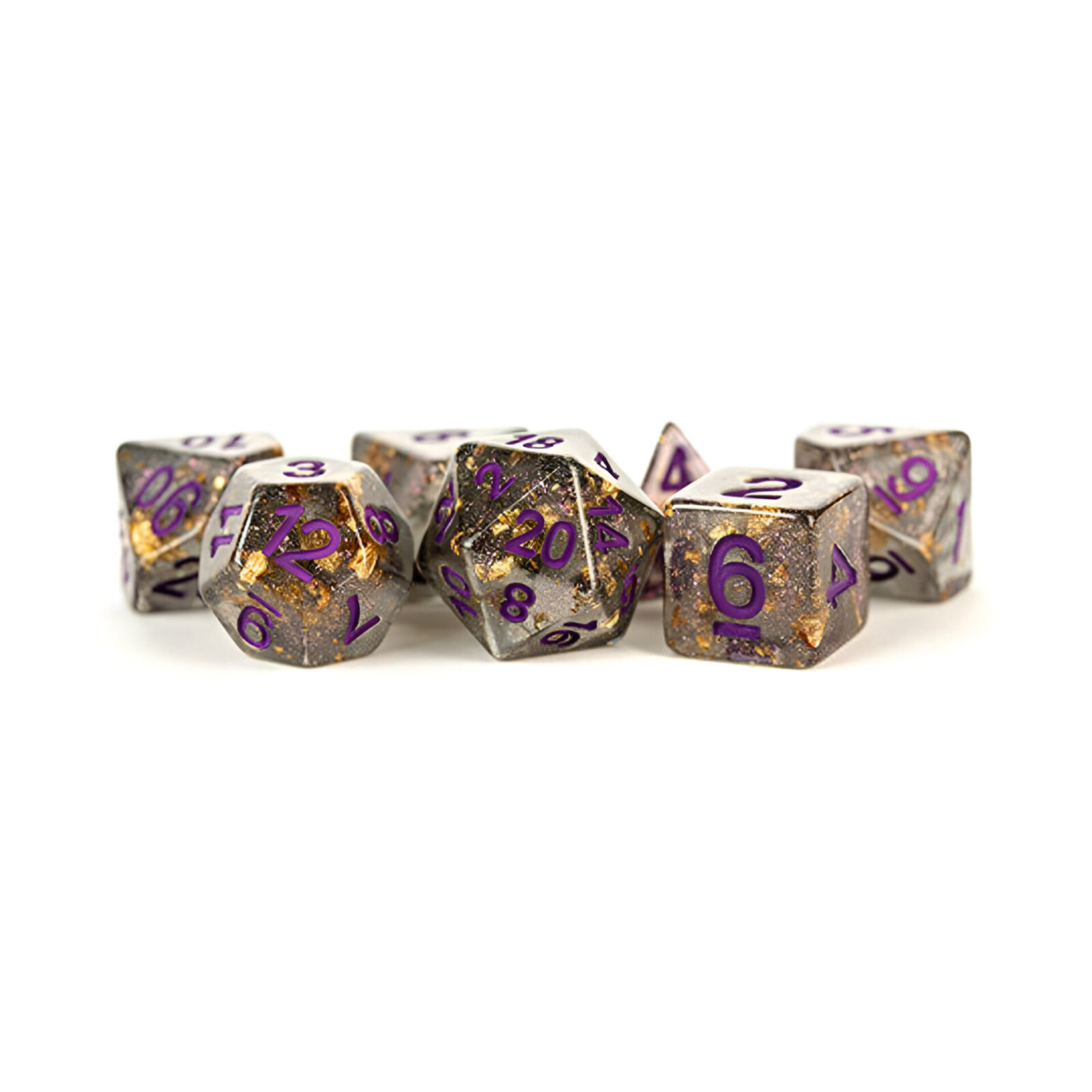 Fanroll – 16mm Resin Polyhedral Dice Set: Grey w/ Gold Foil, Purple Numbers