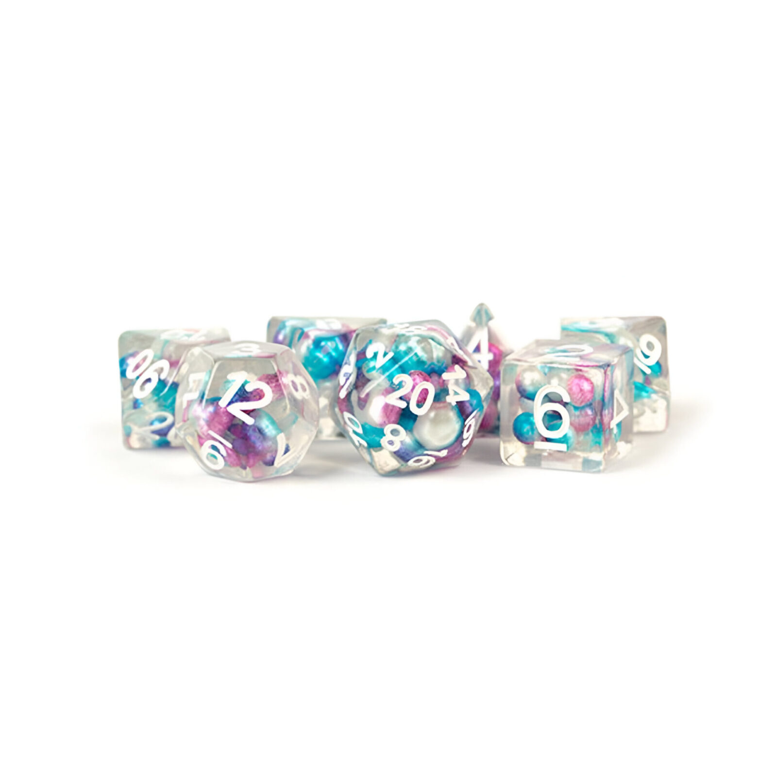 Fanroll – 16mm Resin Polyhedral Dice Set: Pearl Gradient Purple/Teal/White