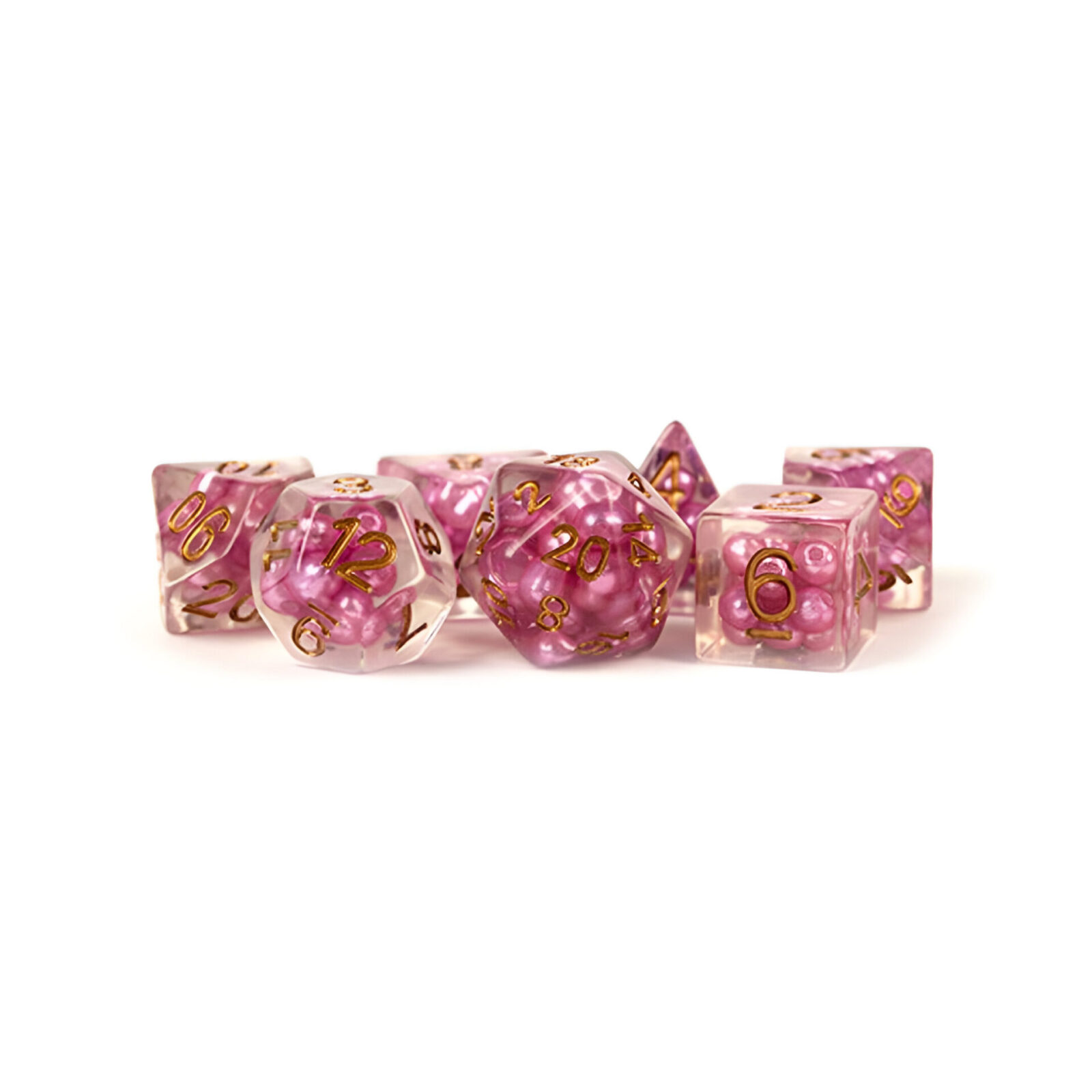 Fanroll – 16mm Resin Polyhedral Dice Set: Pearl Pink w/ Copper Numbers