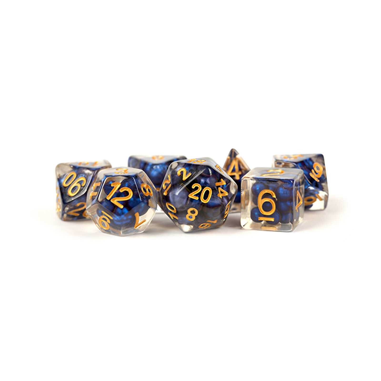 Fanroll – 16mm Resin Polyhedral Dice Set: Pearl Royal Blue w/ Gold Numbers