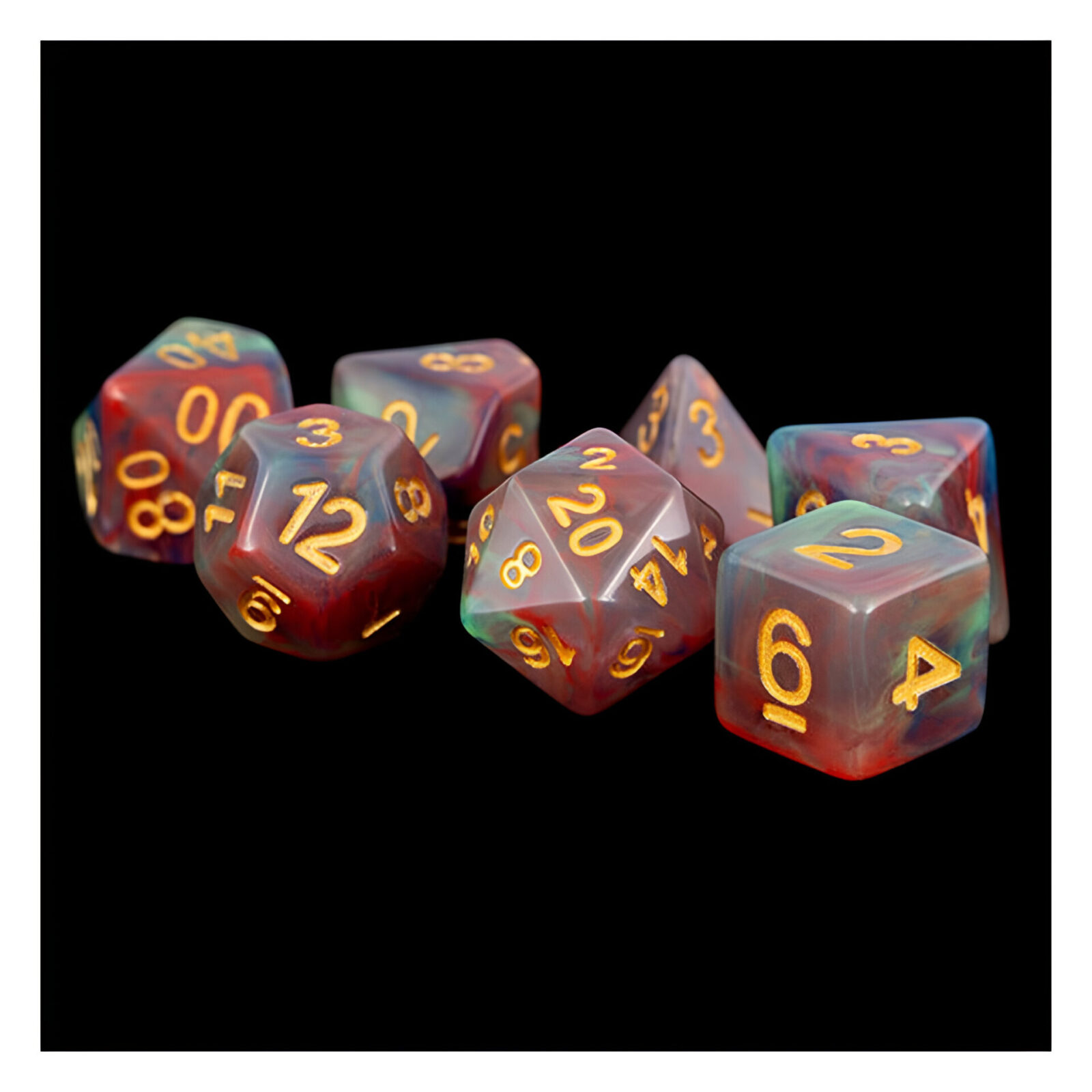 Fanroll – 16mm Resin Polyhedral Dice Set: Red Pearl Swirl