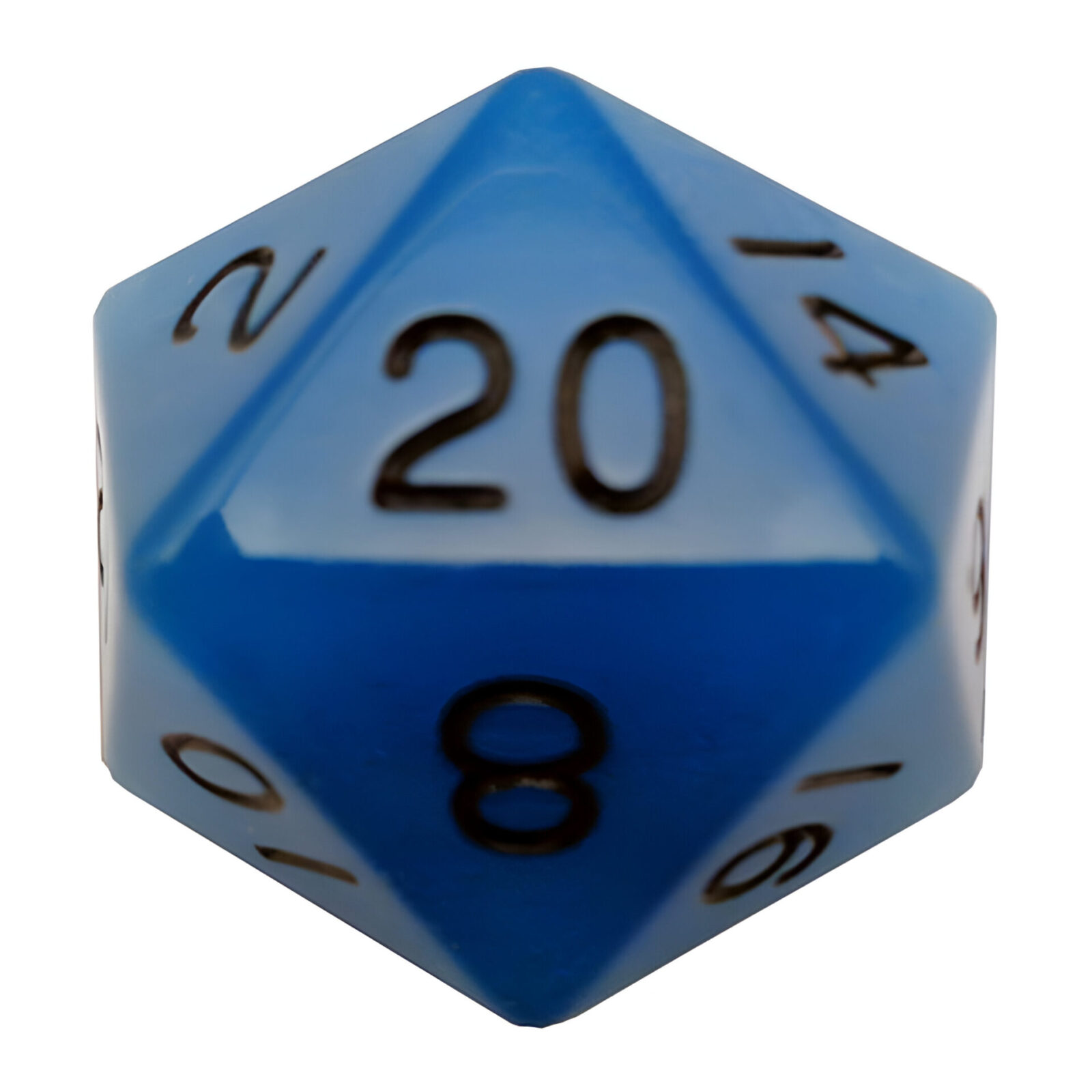 Fanroll – 35mm Mega Acrylic D20 – Glow Blue with Black Numbers