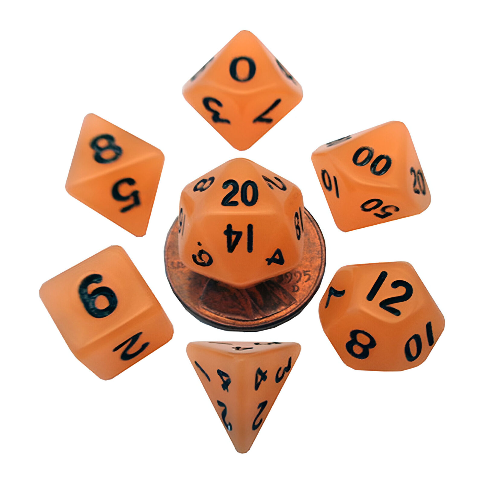 Fanroll – 10mm Mini Polyhedral Dice set – Glow Orange