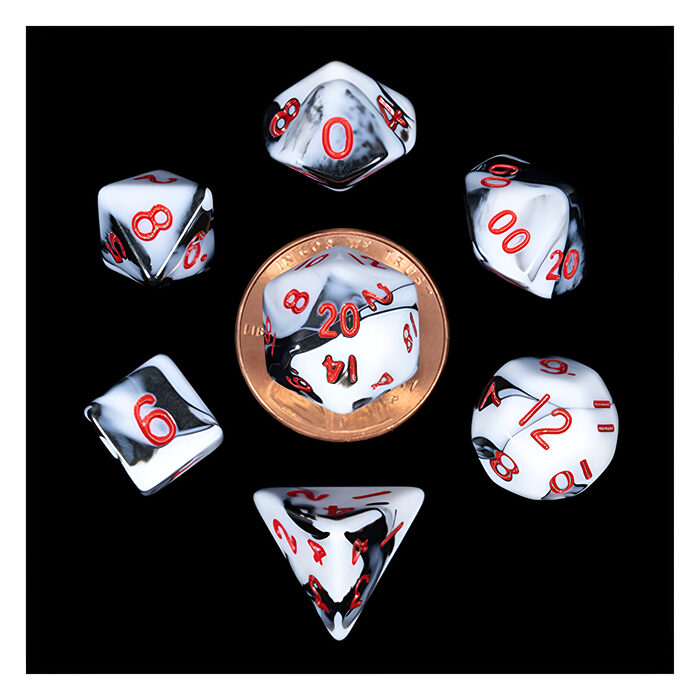 Fanroll – 10mm Mini Polyhedral Dice set – Marble w/ Red Numbers