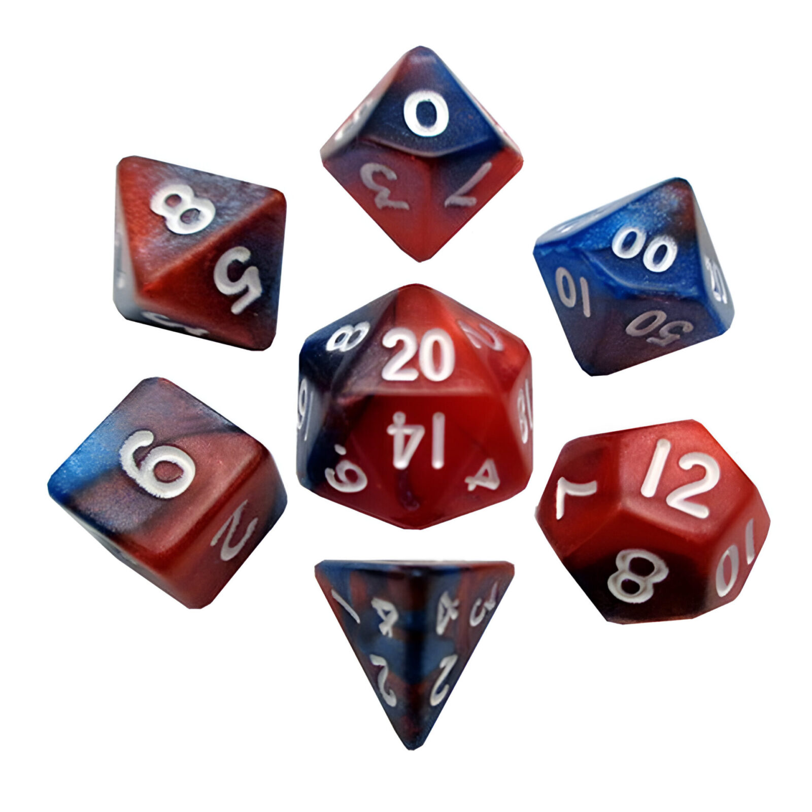 Fanroll – 10mm Mini Polyhedral Dice set – Red/Blue w/ White Numbers