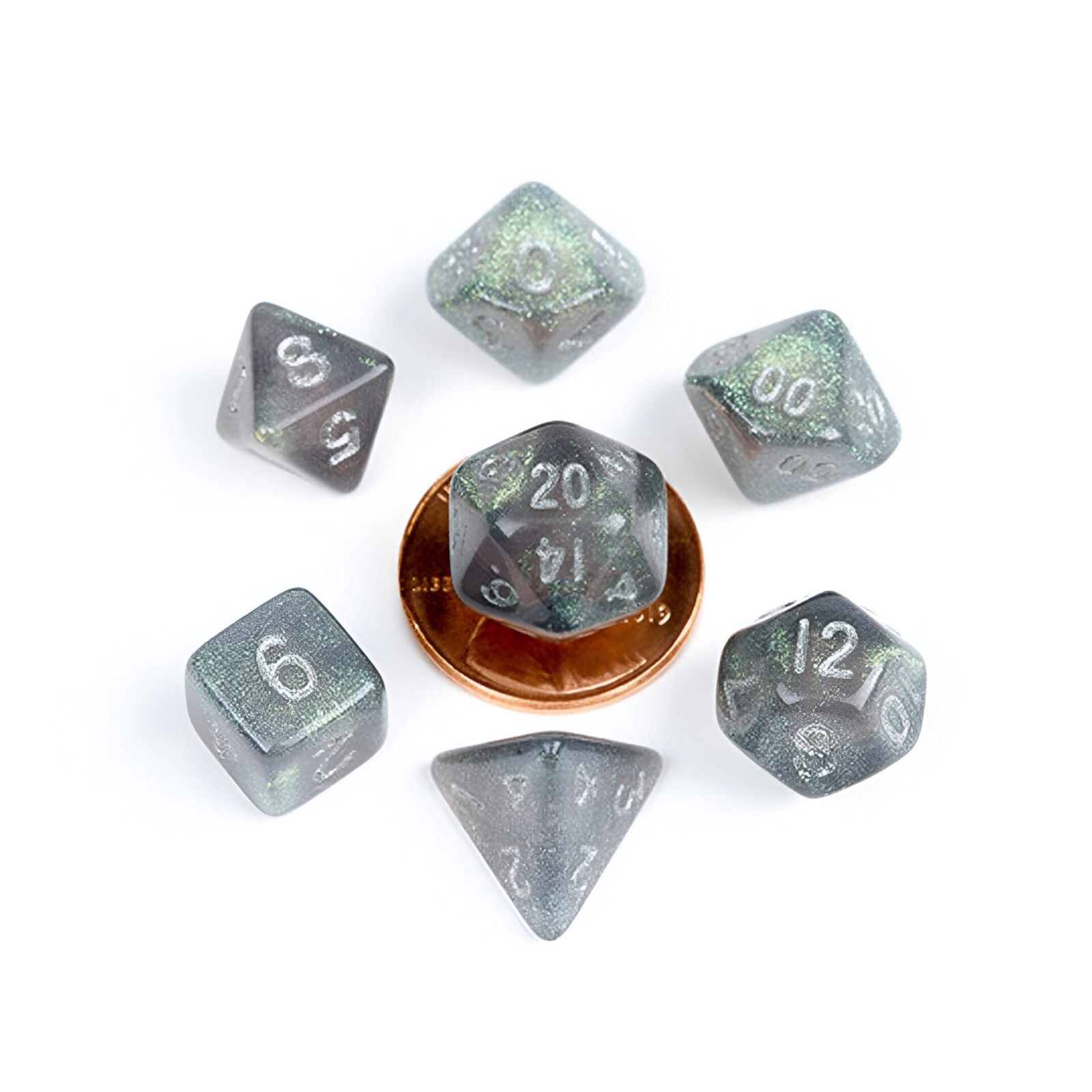 Fanroll – 10mm Mini Polyhedral Dice set – Stardust Grey w/ Silver Numbers