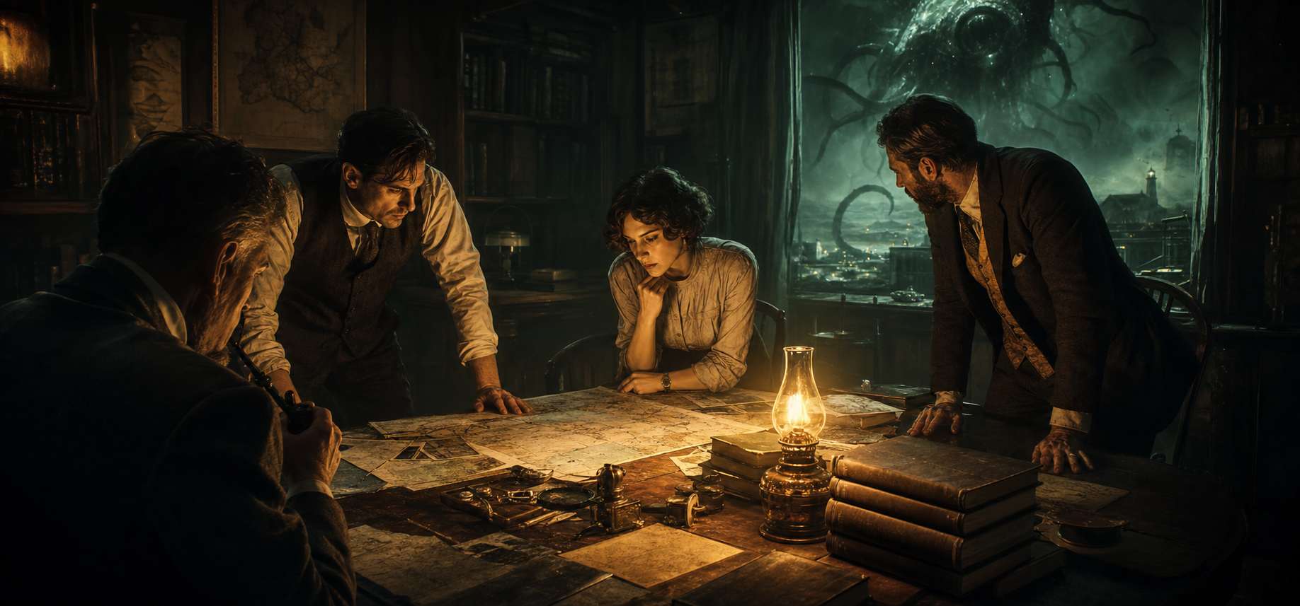 Call of Cthulhu investigators studying maps and occult clues by lamplight