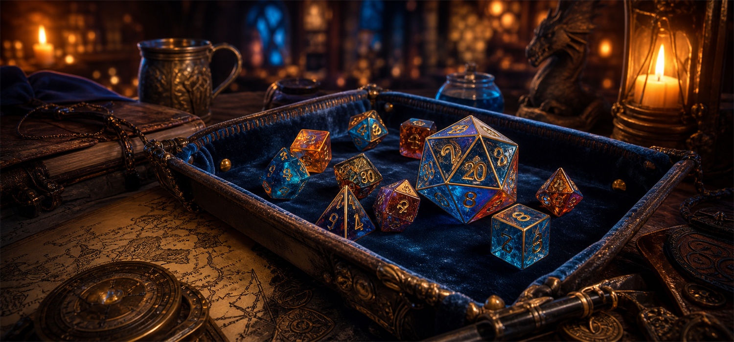 Editorial banner showing a velvet dice tray with glowing polyhedral RPG dice on a fantasy tabletop