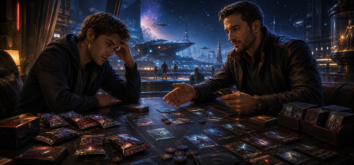 Cinematic sci-fi trading card game table scene with a new player being guided through starter decks, boosters and deck choices